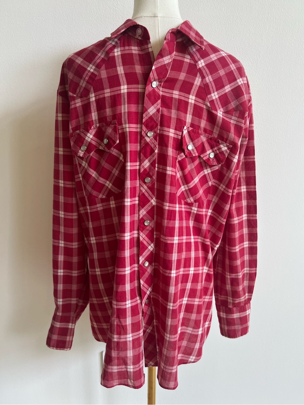 VTG 90s Stagecoach Western Wear Men L Red Plaid Pearl Snap Cowboy Shirt Sawtooth